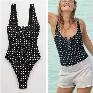 Aerie One Piece Cheeky Low Back Henley Swimsuit Black Polka Dot XXL Swim Beach